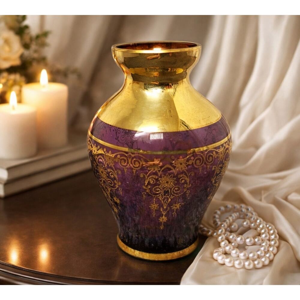 Vintage Glass Amethyst Purple Gold Trim Vase – Gold Floral Scrollwork 4.5”